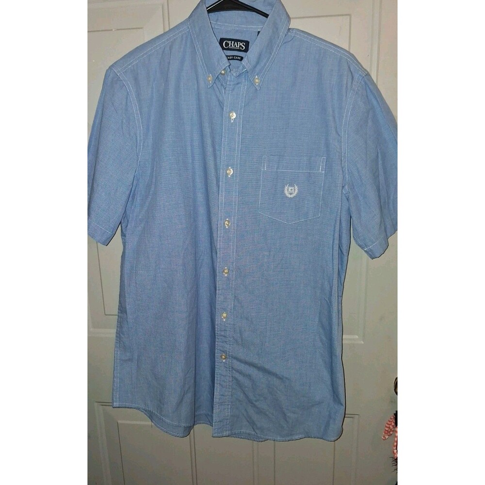 Chaps Mens Medium Blue Button Down Short Sleeve Shirt Logo Pocket Cotton...